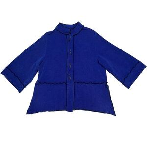 Blue Tunic Black Ruffle Long Buttons High Neck Sweater Shirt Gumps Size Small